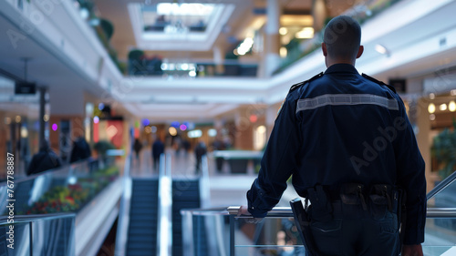 A security guard stands watch in a mall, ever vigilant in a public space.