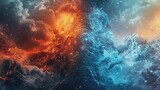 Fire and ice elemental clash in space - Elemental cosmic battle between fire and ice, showcasing a dynamic clash of hot and cold energies