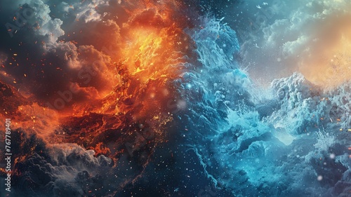 Fire and ice elemental clash in space - Elemental cosmic battle between fire and ice  showcasing a dynamic clash of hot and cold energies