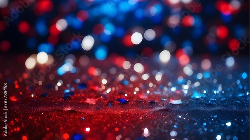 Abstract red, white, and blue glitter background with bokeh lights, blue red circular bokeh, defocused, banner, and red, blue glitter dazzle on black background