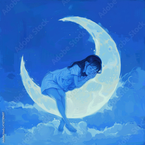 Girl resting on a crescent moon amidst clouds - A serene illustration depicting a young girl taking a rest on a calming crescent moon, surrounded by fluffy clouds and a tranquil blue hue