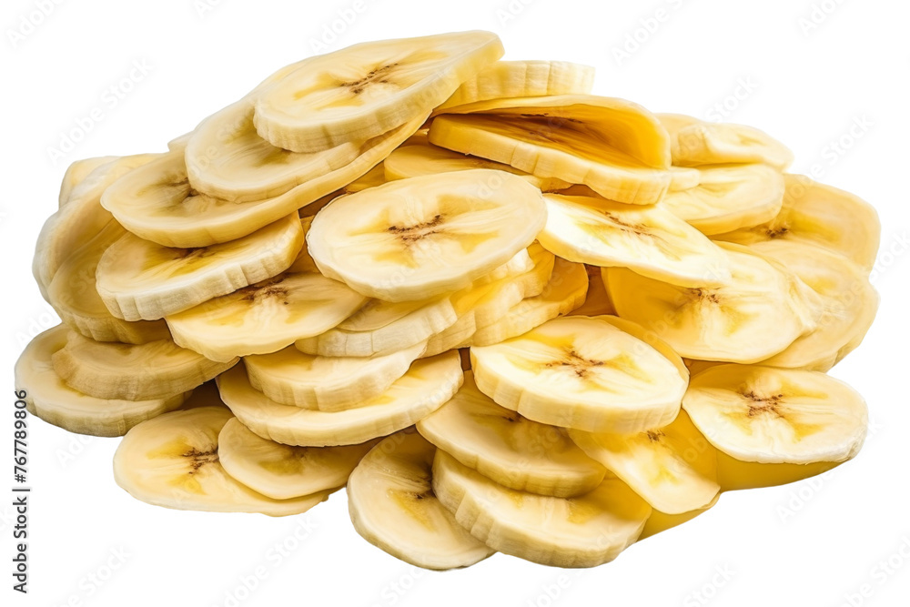 Cascading Sliced Bananas Dance on White Canvas. On a White or Clear Surface PNG Transparent Background. Cascading Sliced Bananas Dance on White Canvas. On a White or Clear Surface PNG Transparent Background.