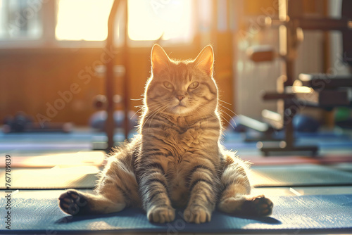 cat with whiskers is lounging on a wooden yoga mat in a gym. This small to mediumsized terrestrial animal has a snout, fur, and is surrounded by gym flooring photo