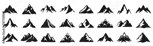 Collection of mountain peak icons logo over transparent