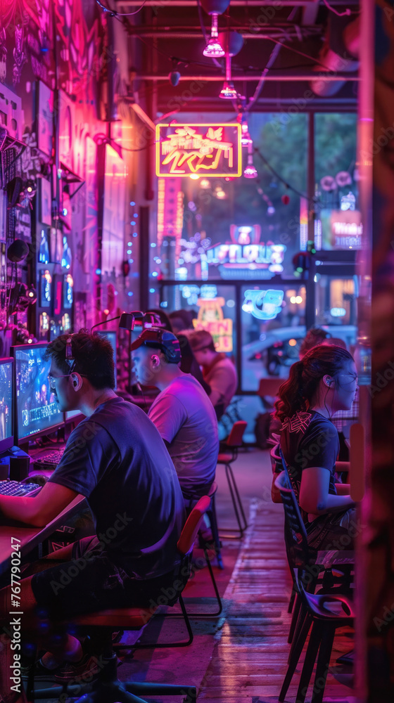 Gamers Engaged in Virtual Reality Gaming in a Neon Arcade
