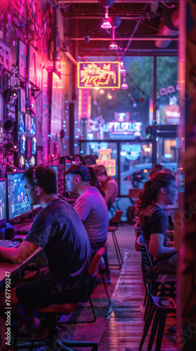 Gamers Engaged in Virtual Reality Gaming in a Neon Arcade 
