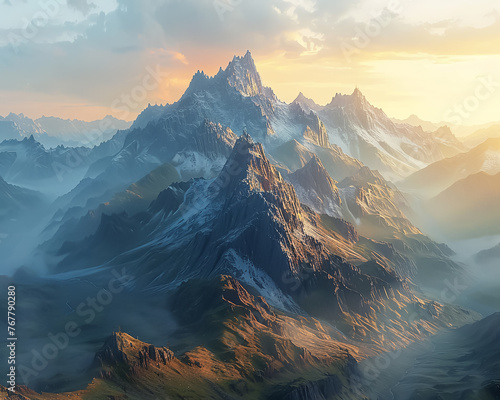 Majestic mountain landscape at dusk with the last rays of sunlight casting a warm hue over the rugged peaks and serene valleys
