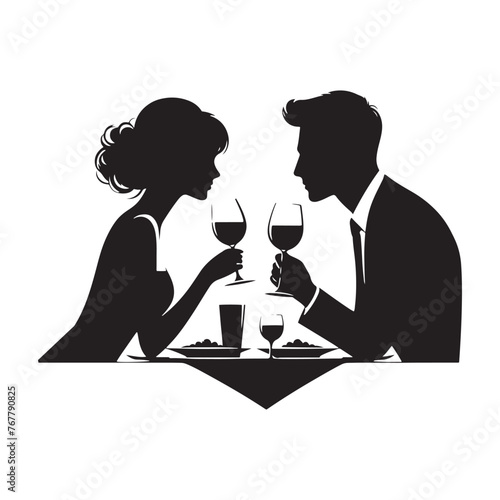 Vector Romantic Couple Dinner Silhouette  Intimate Dining Scene with Lovebirds- Couple dinner vector stock.