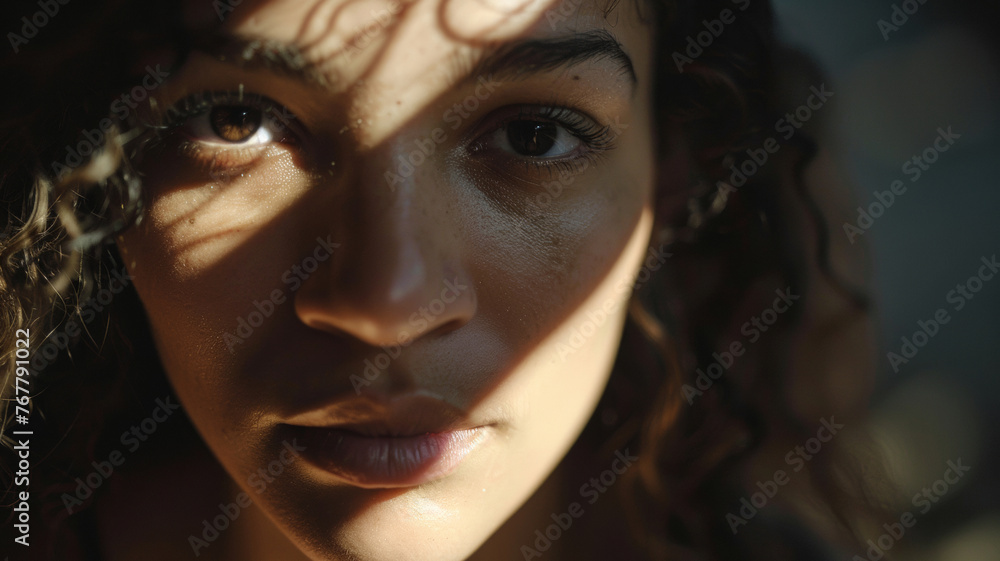 Intimate close-up of a young woman’s face in gentle sunlight. Intimate close-up of a young woman’s face in gentle sunlight.