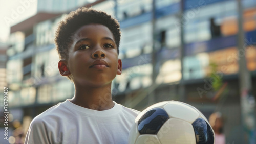 A young boy with contemplative eyes holds a soccer ball outdoors.