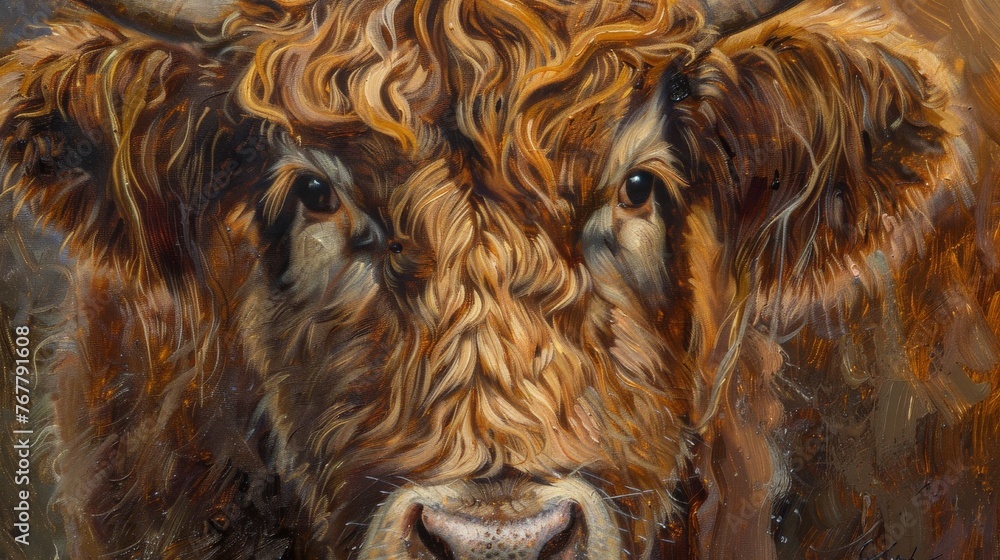 Naklejka premium scottish highland cow beautiful animal trendy close upof the head