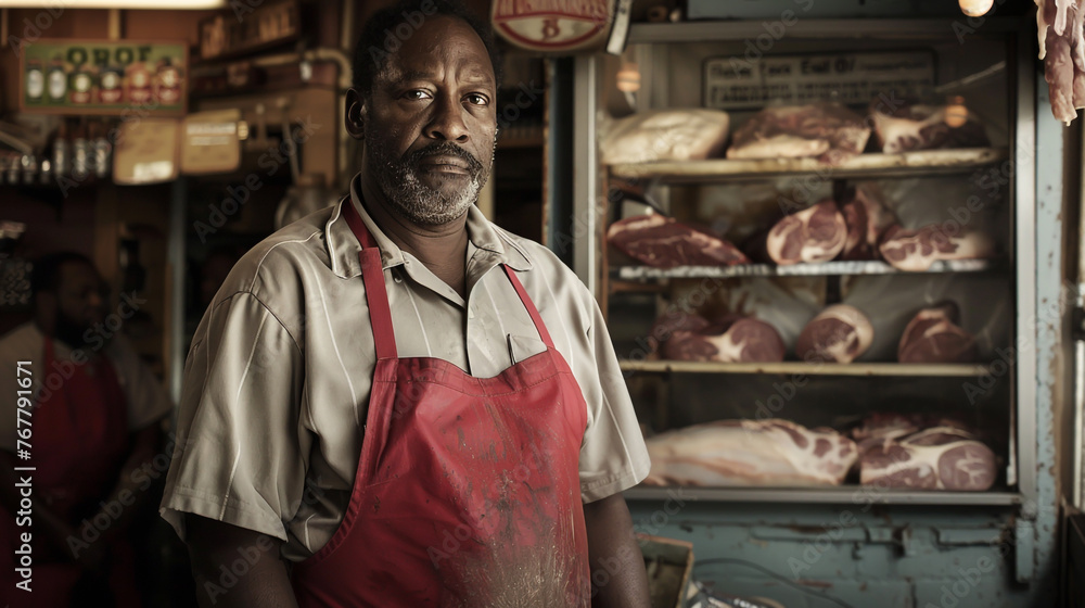 An African American butcher, clad in a red apron, stands in his shop.