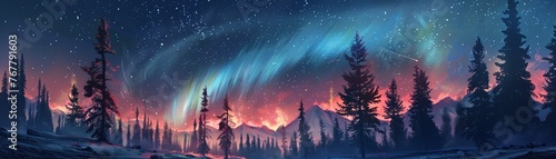 A comet tail painting the night with auroras over a remote pine forest