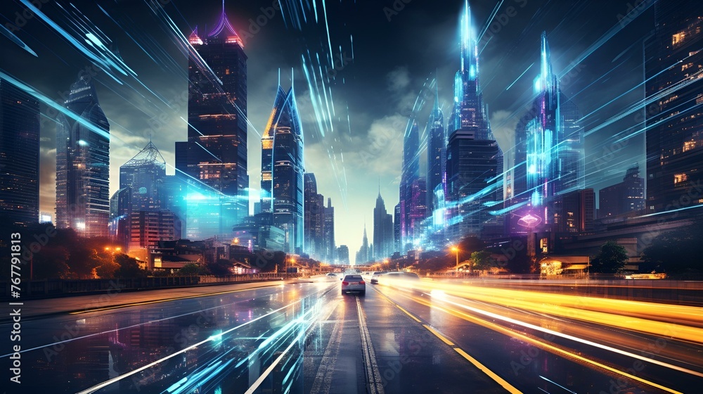 Obraz premium Road with Street Lights Illuminating the Path