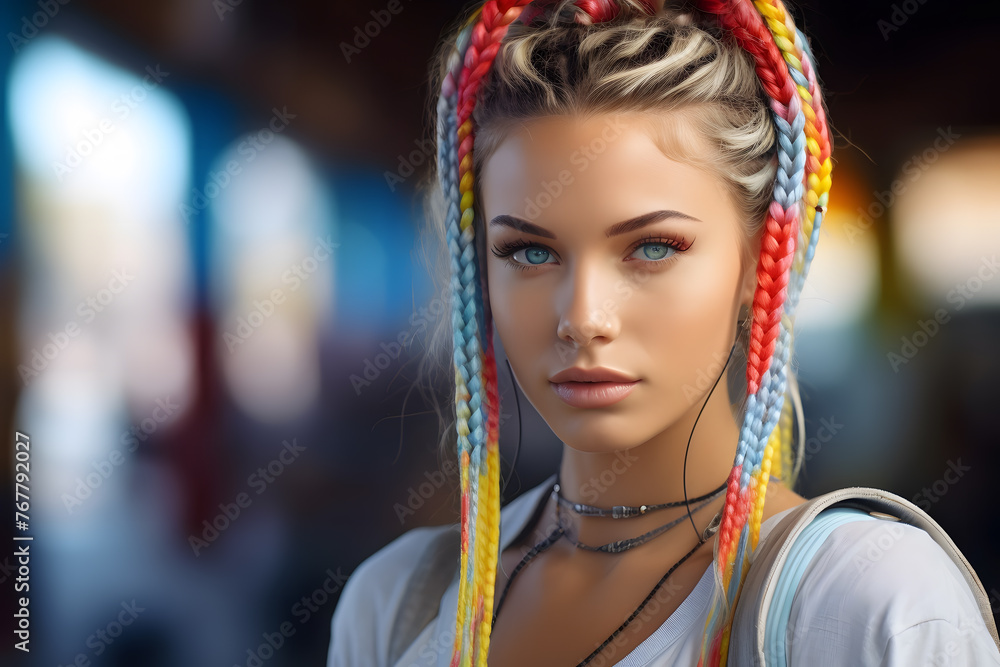 Woman with blue eyes and colorful braids Woman with blue eyes and colorful braids
