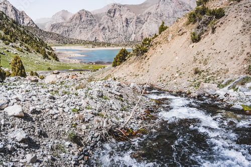 View of Lake Kulikalon and the Kulikalon Basin from a mountainside in the Fan Mountains in Tajikistan, atmosphere in the Tien Shan highlands photo