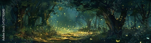 A forest at night illuminated by fireflies