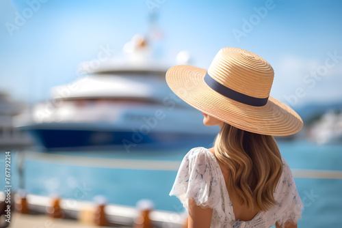 Tourist woman in front of a cruise ship