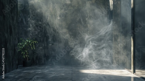 Abstract cement wall with ethereal smoke. Contemporary urban interior  showcasing raw studio space with dark walls and floating smoke  perfect for visual narratives.