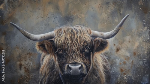 scottish highland cow beautiful animal trendy with grey background photo