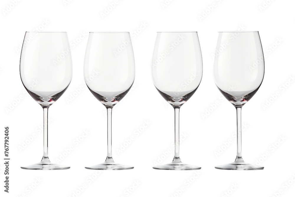 Symphony of Glass: Four Wine Glasses Aligned. On a White or Clear Surface PNG Transparent Background. - obrazy, fototapety, plakaty 