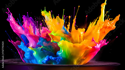 Vibrant rainbow colored liquid splashes into body of water