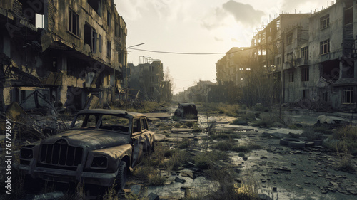 Sunlight piercing through an apocalyptic cityscape with a derelict car.