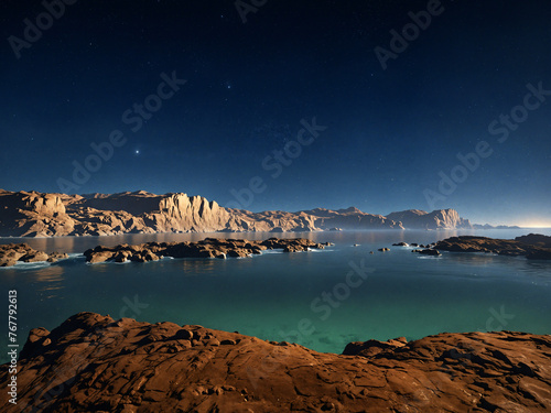 An image of the sea with mountains in the background, featuring a sky with stars. © magann