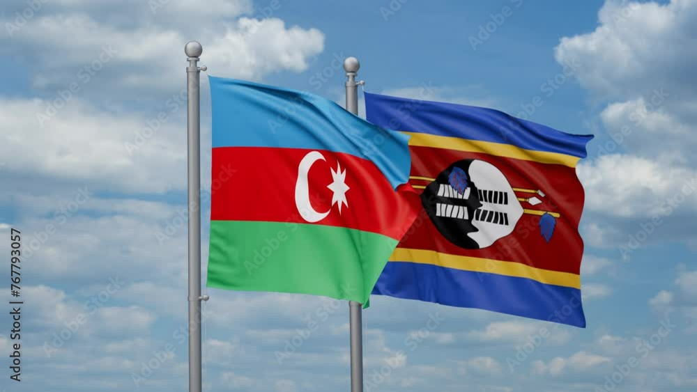 Eswatini aka Swaziland and Azerbaijan two flags waving together, looped video, two country cooperation concept Eswatini aka Swaziland and Azerbaijan two flags waving together, looped video, two country cooperation concept
