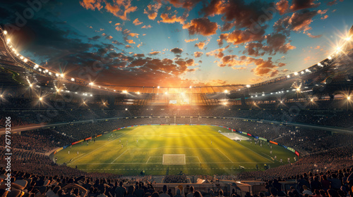 Futuristic smart stadium at sunset, glowing with advanced tech interfaces, bustling crowd. Soccer Stadium with Spectators at Sunset  © banthita166