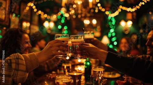 Joyous St. Patrick's Day Celebration. Lively Irish pub decorated for St. Patrick's Day, featuring patrons raising glasses in a toast and surrounded by the warm glow of candlelight.
