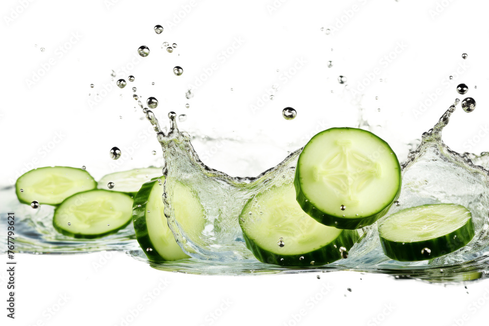 Dancing Cucumber Slices: A Refreshing Dive. On a White or Clear Surface PNG Transparent Background. Dancing Cucumber Slices: A Refreshing Dive. On a White or Clear Surface PNG Transparent Background.
