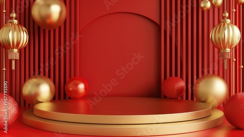 red round golden plate and ornaments in a hall, 3d illustration, in the style of vibrant stage backdrops 