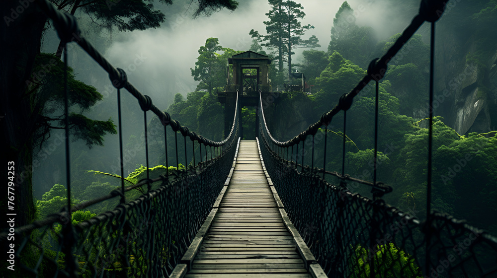 Naklejka premium bridge in the forest with a forest in the background suspension bridge in the foggy jungle 