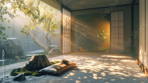 A serene Zen meditation room, with minimalist decor, tatami mats, and a tranquil rock garden bathed in soft natural light filtering through shoji screens.