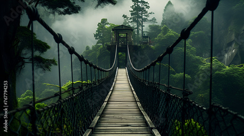 bridge in the forest with a forest in the background suspension bridge in the foggy jungle 