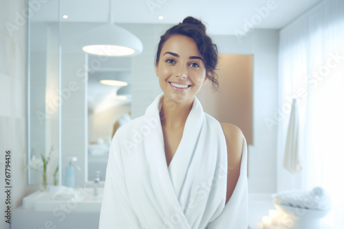 a hotel room as a young woman wraps herself in a soft towel, embodying serenity and comfort amidst the luxurious surroundings.