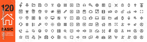Extended set of basic black color UI icons. 120 items, 36 x 36 px. Pixel perfect, editable stroke vector set