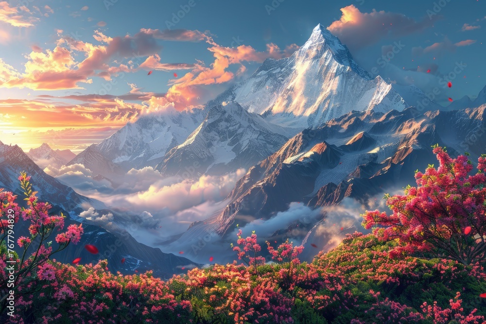 Majestic Mountain Landscape at Sunrise - A breathtaking digital artwork showcasing a pristine mountain surrounded by clouds and colorful blooms with the first light of sunrise