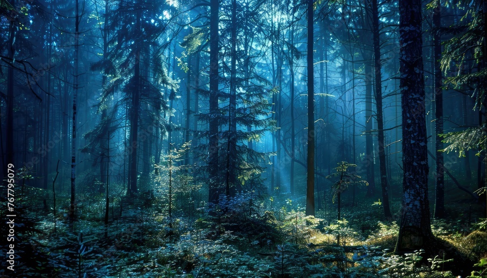 Mystical fog in dense, lush woodland terrain - Ethereal blue mist weaves through a green forest Tranquil and mysterious, evoking a sense of peace and magic