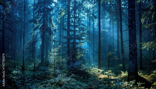 Mystical fog in dense  lush woodland terrain - Ethereal blue mist weaves through a green forest Tranquil and mysterious  evoking a sense of peace and magic