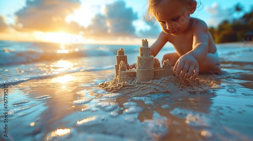 A little child plays in a sandpit by the sea on vacation. photo
