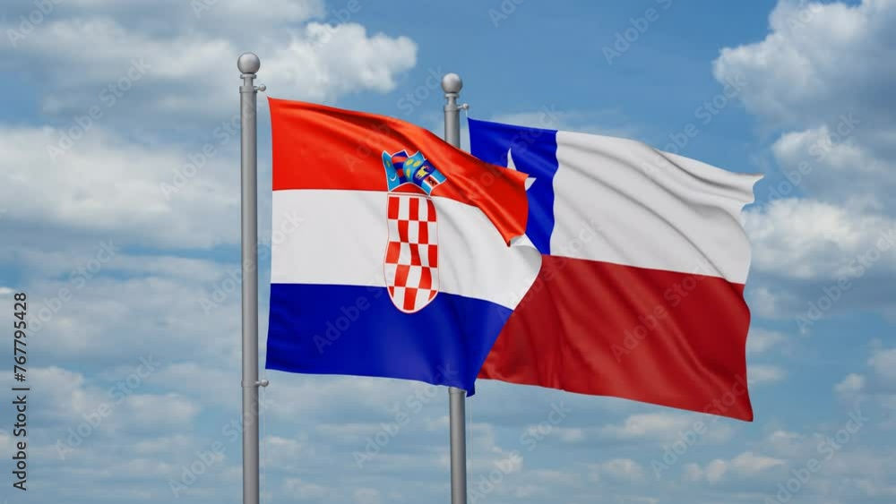 Chile and Croatia two flags waving together, looped video, two country relations concept Chile and Croatia two flags waving together, looped video, two country relations concept