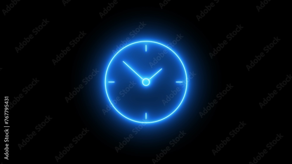 Abstract glowing neon analog clock on black background. Clock, any time neon sign. Abstract bright neon clock black background. Abstract glowing neon analog clock on black background. Clock, any time neon sign. Abstract bright neon clock black background.