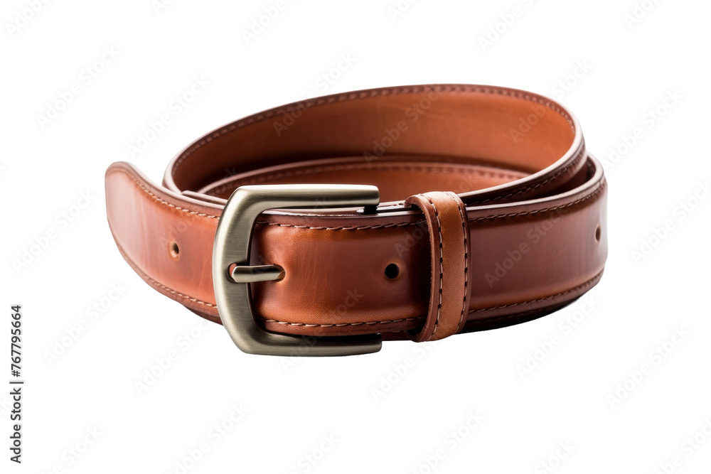 Elegance in Leather: Brown Belt With Metal Buckle. On a White or Clear Surface PNG Transparent Background. Elegance in Leather: Brown Belt With Metal Buckle. On a White or Clear Surface PNG Transparent Background.