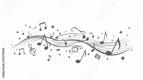 simple musical notes illustration back and white, come from top right corner, flowing 