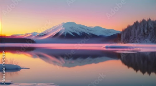 A tranquil landscape with a colorful sky as the sun rises or sets over a tranquil lake. photo