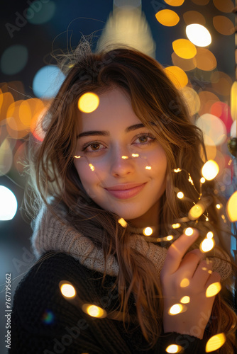 Smiling woman holding fairy lights at night - A jovial young woman holding twinkling fairy lights against a night backdrop