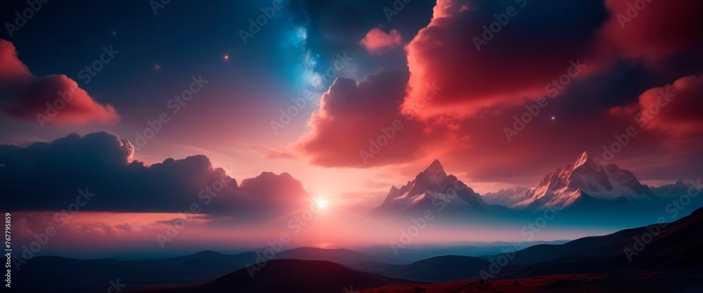Fantasy illustration with landscape and red and blue sky with clouds and stars. Space art background wallpaper. Sci-fi scenic panoramic view header design concept. 