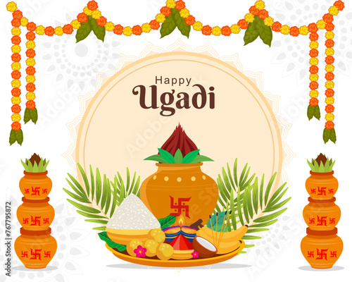 Happy ugadi traditional festival for the New Year's Day for the states of Andhra Pradesh, Telangana, and Karnataka in India